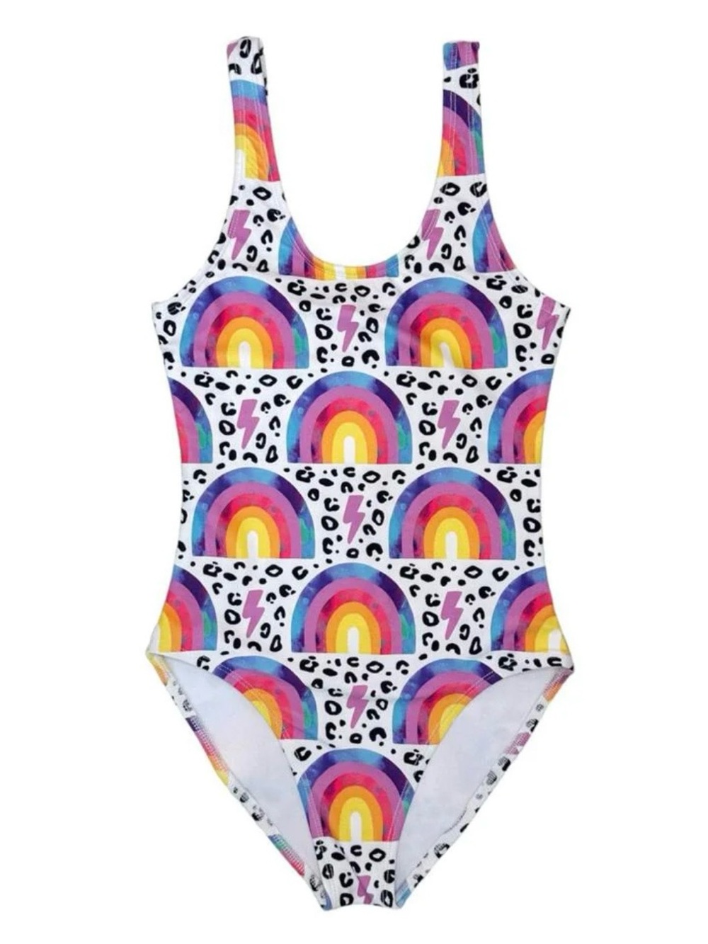 Lola + The Boys Rainbow Flash Leopard One Piece Swimsuit White Pink Girls 6
